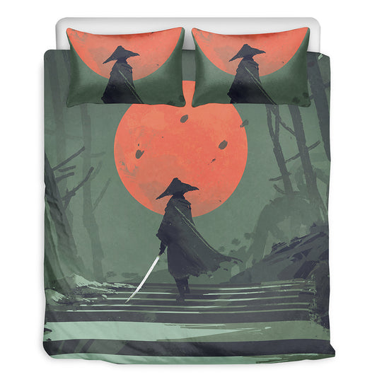 Red Moon Samurai Print Duvet Cover Bedding Set