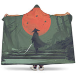 Red Moon Samurai Print Hooded Blanket