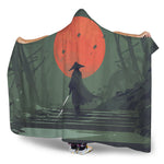 Red Moon Samurai Print Hooded Blanket
