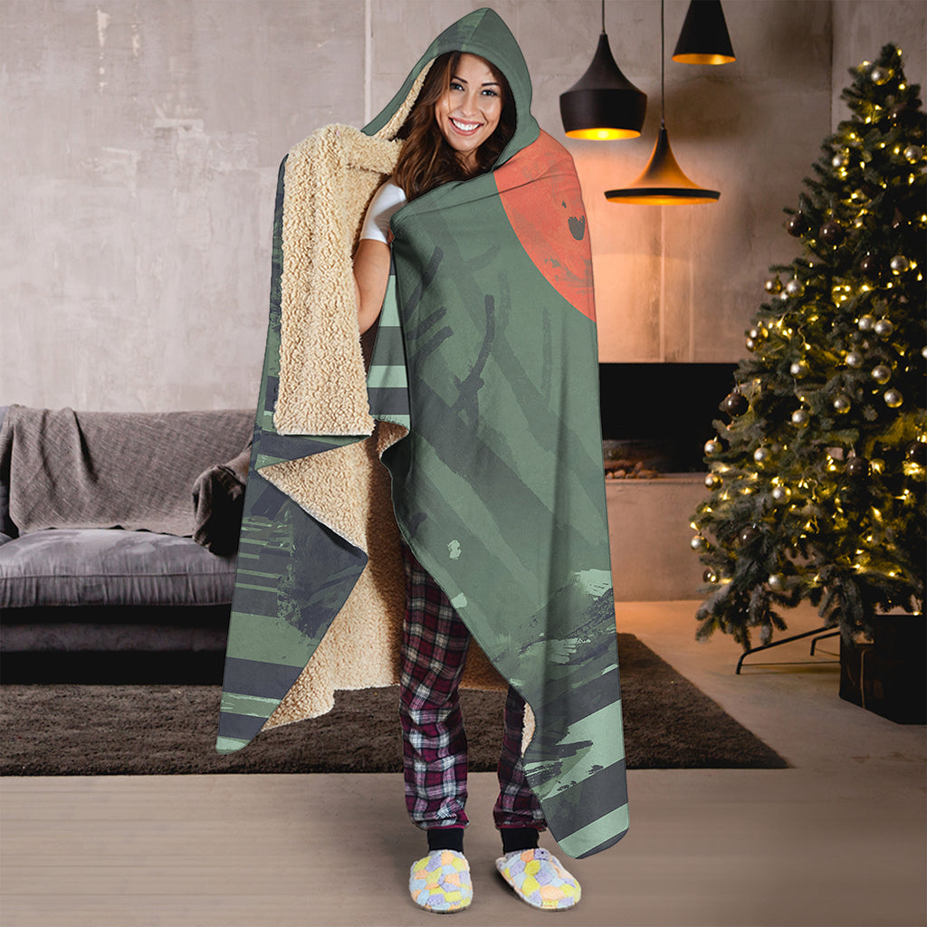 Red Moon Samurai Print Hooded Blanket