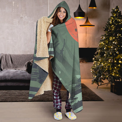 Red Moon Samurai Print Hooded Blanket