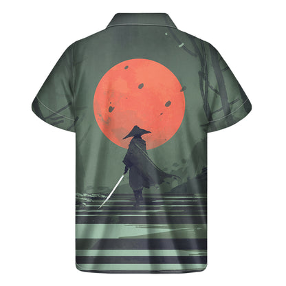 Red Moon Samurai Print Men's Short Sleeve Shirt