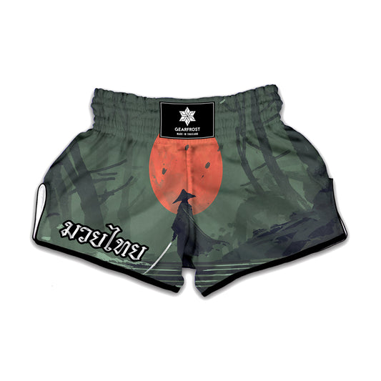 Red Moon Samurai Print Muay Thai Boxing Shorts