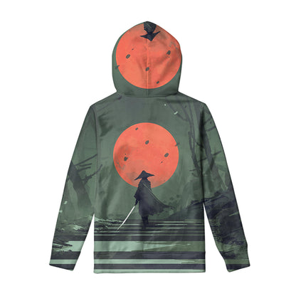 Red Moon Samurai Print Pullover Hoodie
