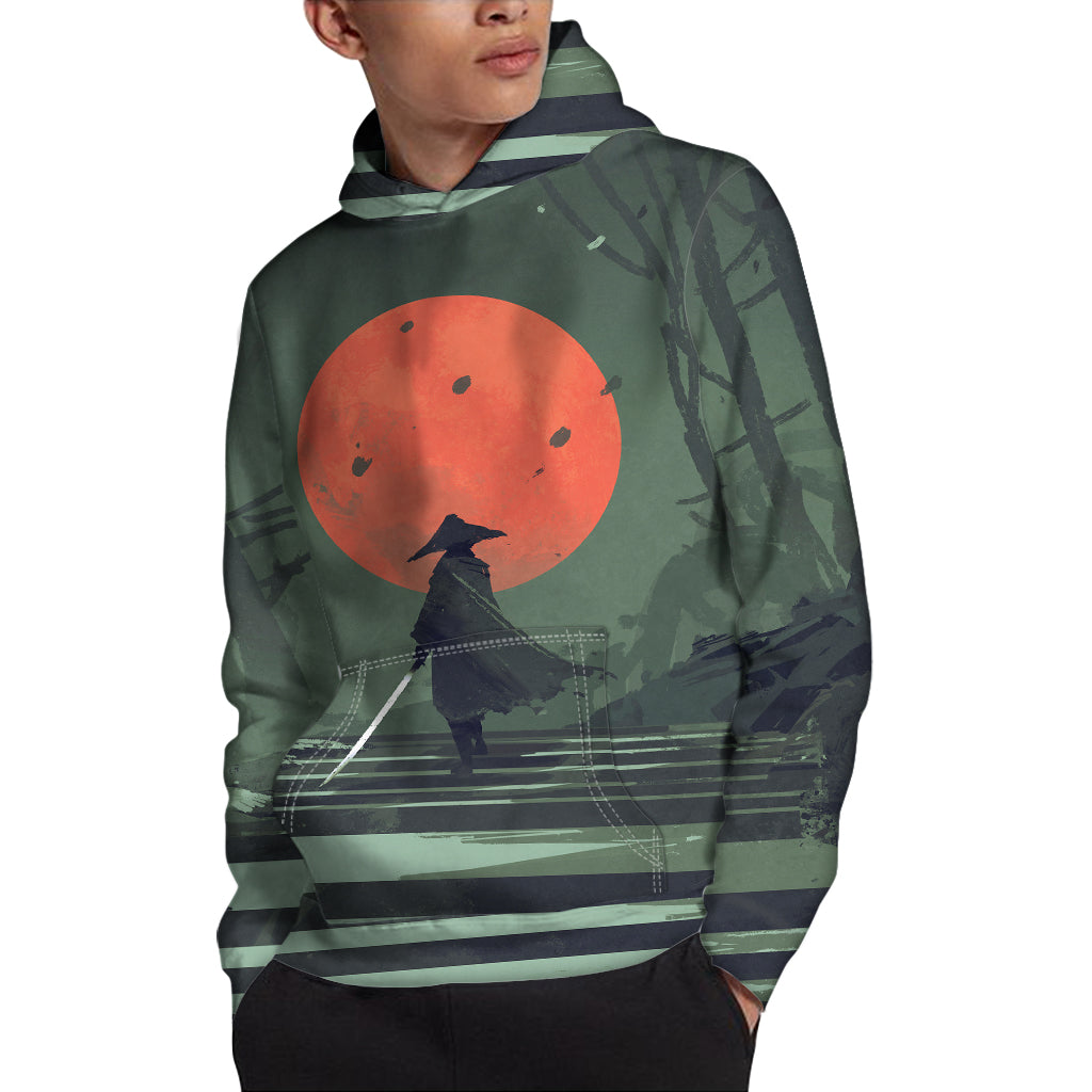 Red Moon Samurai Print Pullover Hoodie