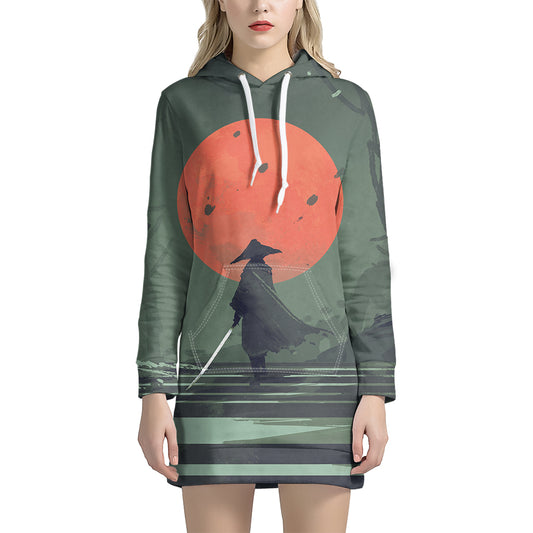 Red Moon Samurai Print Pullover Hoodie Dress