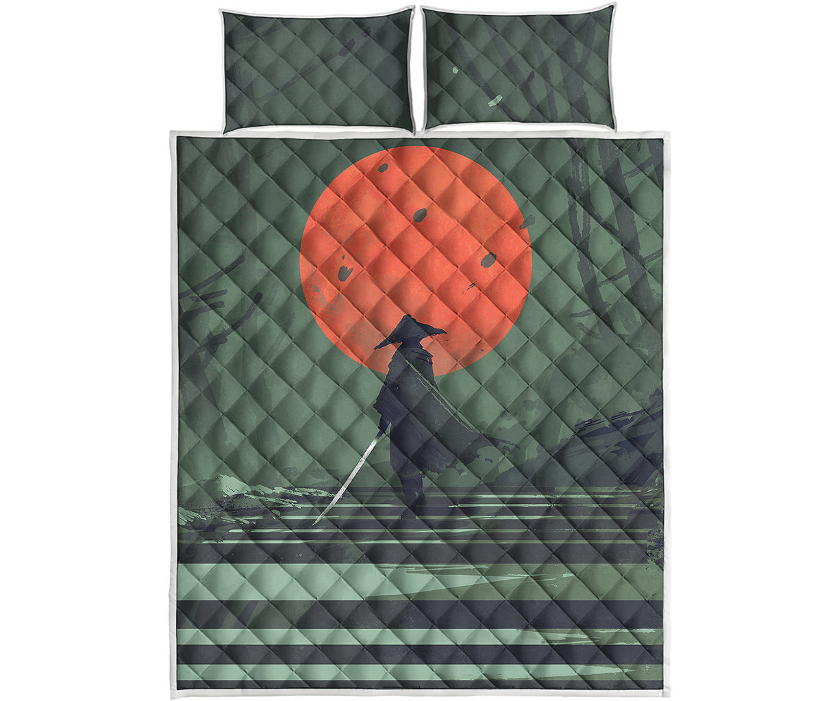 Red Moon Samurai Print Quilt Bed Set