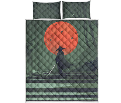 Red Moon Samurai Print Quilt Bed Set