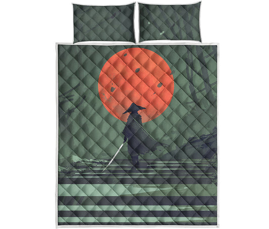 Red Moon Samurai Print Quilt Bed Set