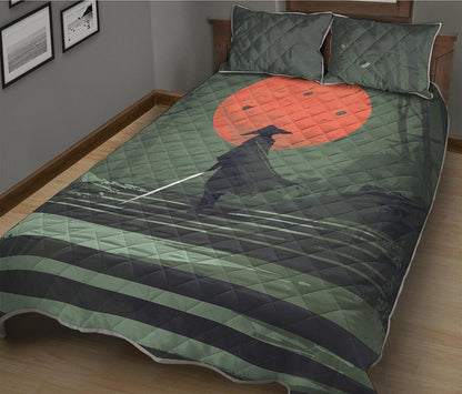 Red Moon Samurai Print Quilt Bed Set