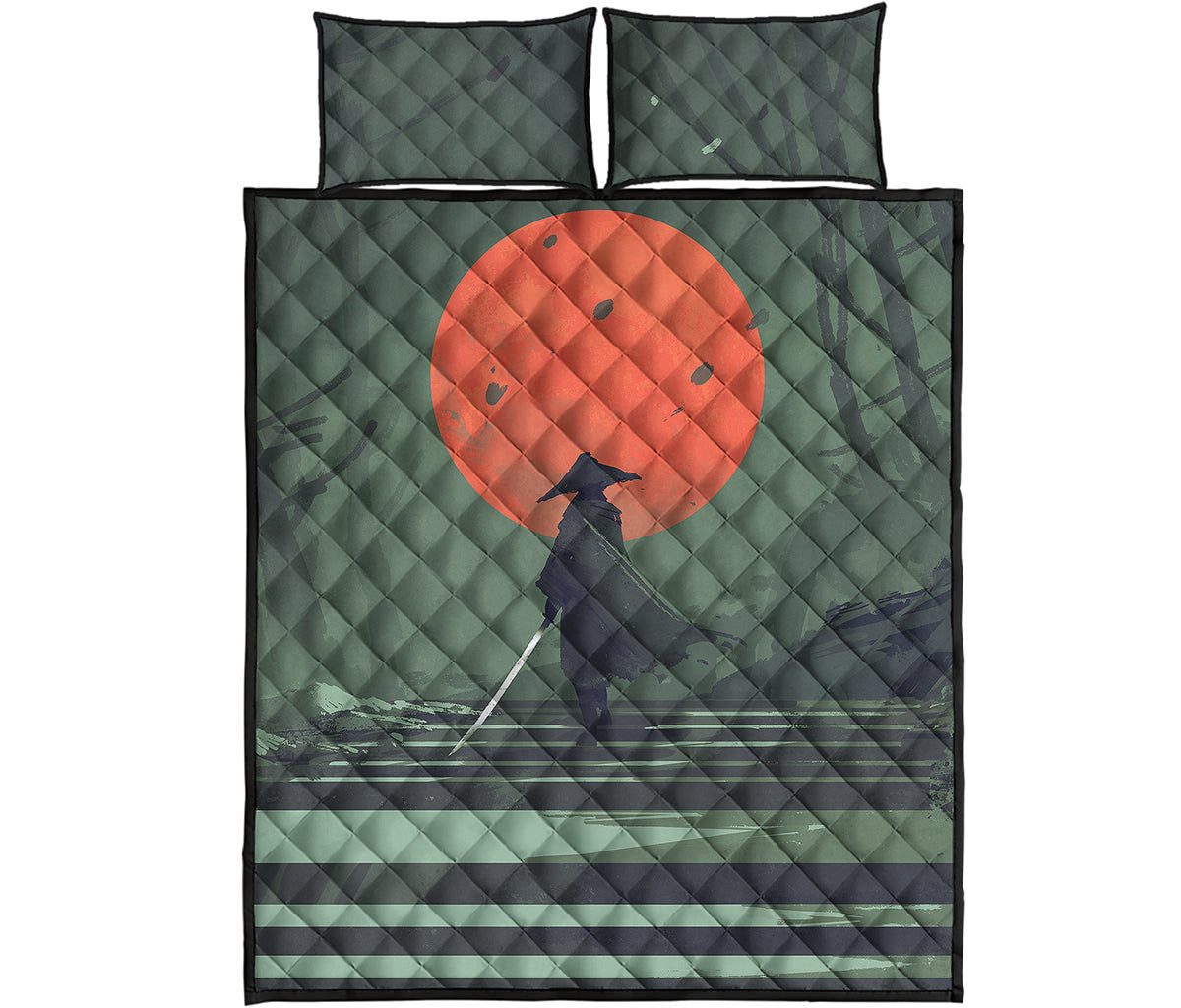 Red Moon Samurai Print Quilt Bed Set
