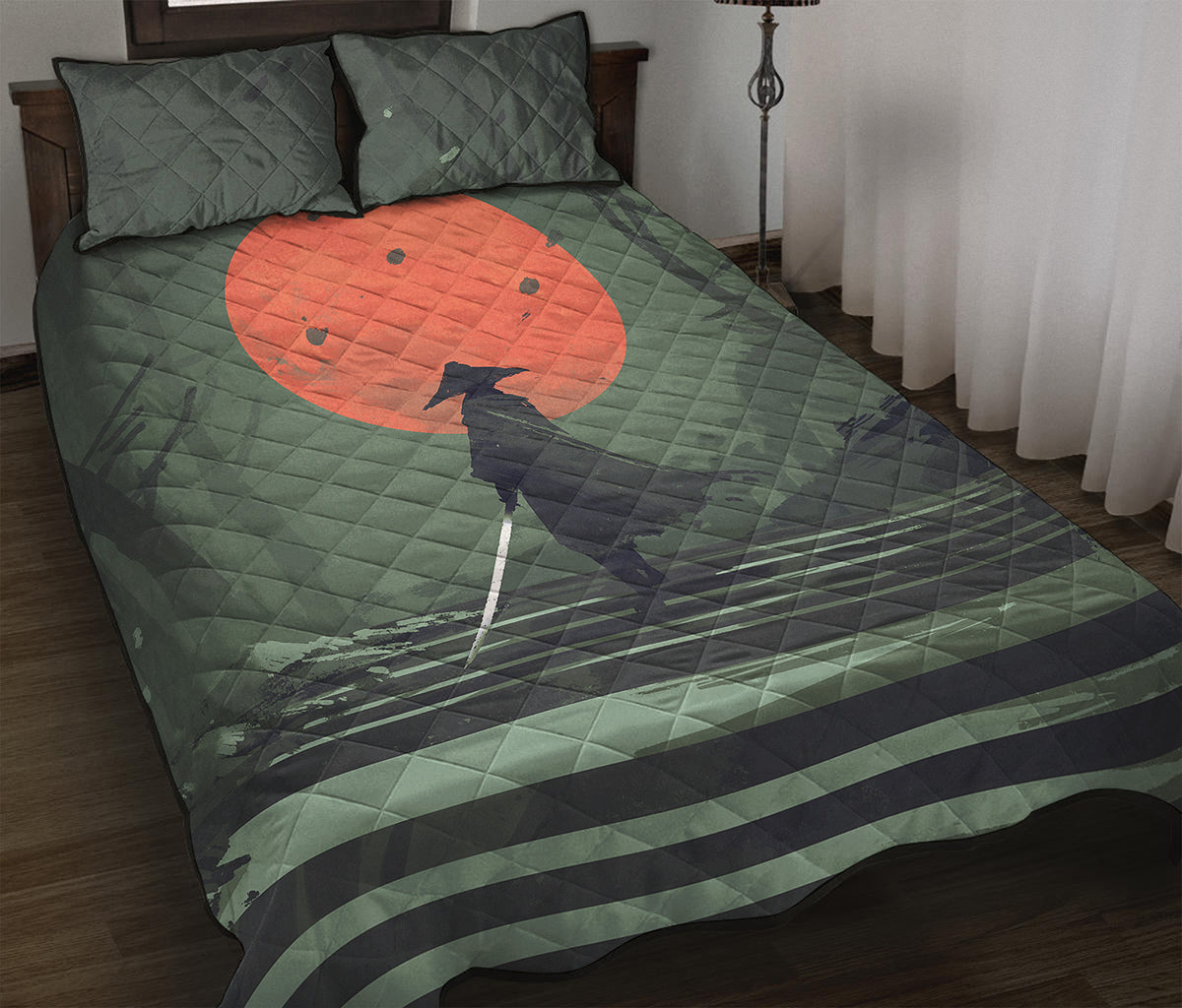 Red Moon Samurai Print Quilt Bed Set