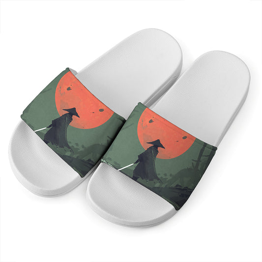 Red Moon Samurai Print White Slide Sandals