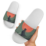 Red Moon Samurai Print White Slide Sandals