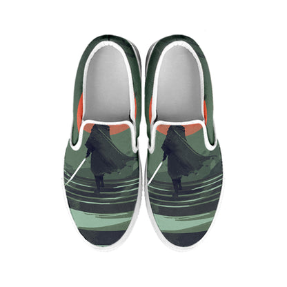 Red Moon Samurai Print White Slip On Shoes