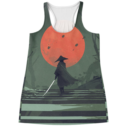 Red Moon Samurai Print Women's Racerback Tank Top