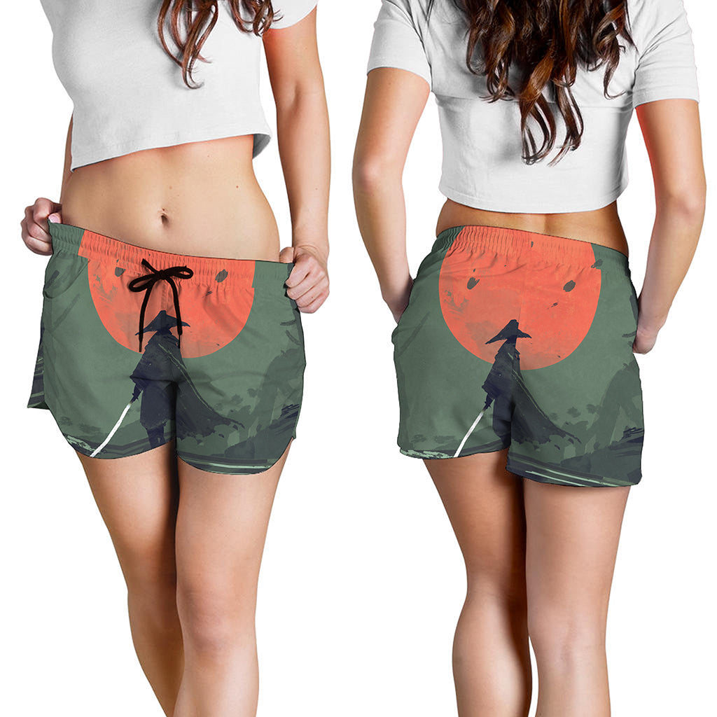 Red Moon Samurai Print Women's Shorts