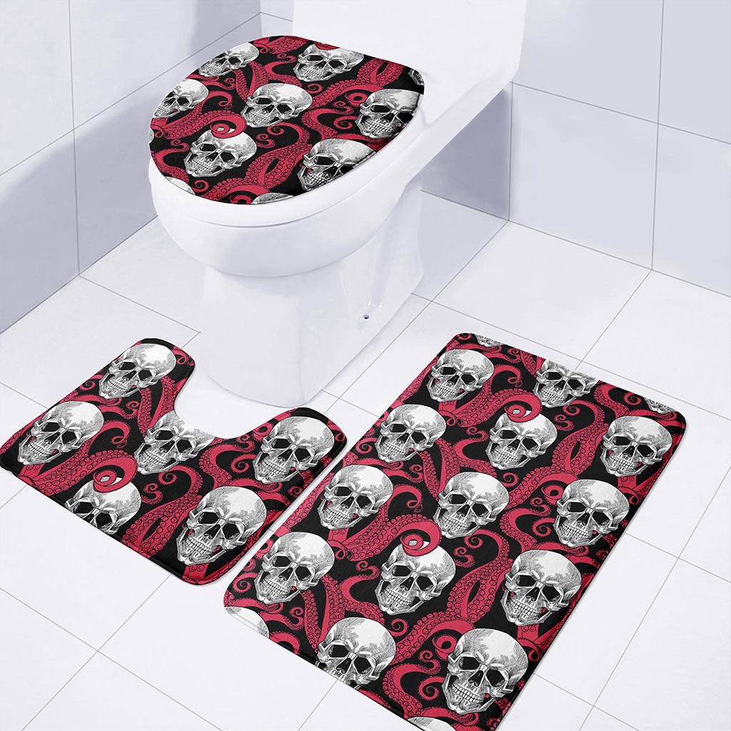 Red Octopus Skull Pattern Print 3 Piece Bath Mat Set