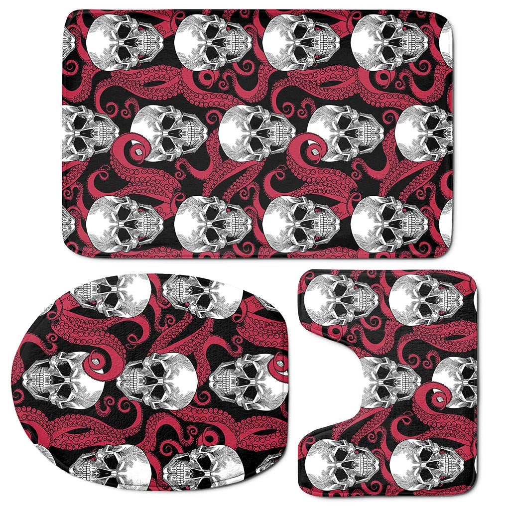 Red Octopus Skull Pattern Print 3 Piece Bath Mat Set