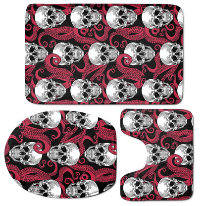 Red Octopus Skull Pattern Print 3 Piece Bath Mat Set