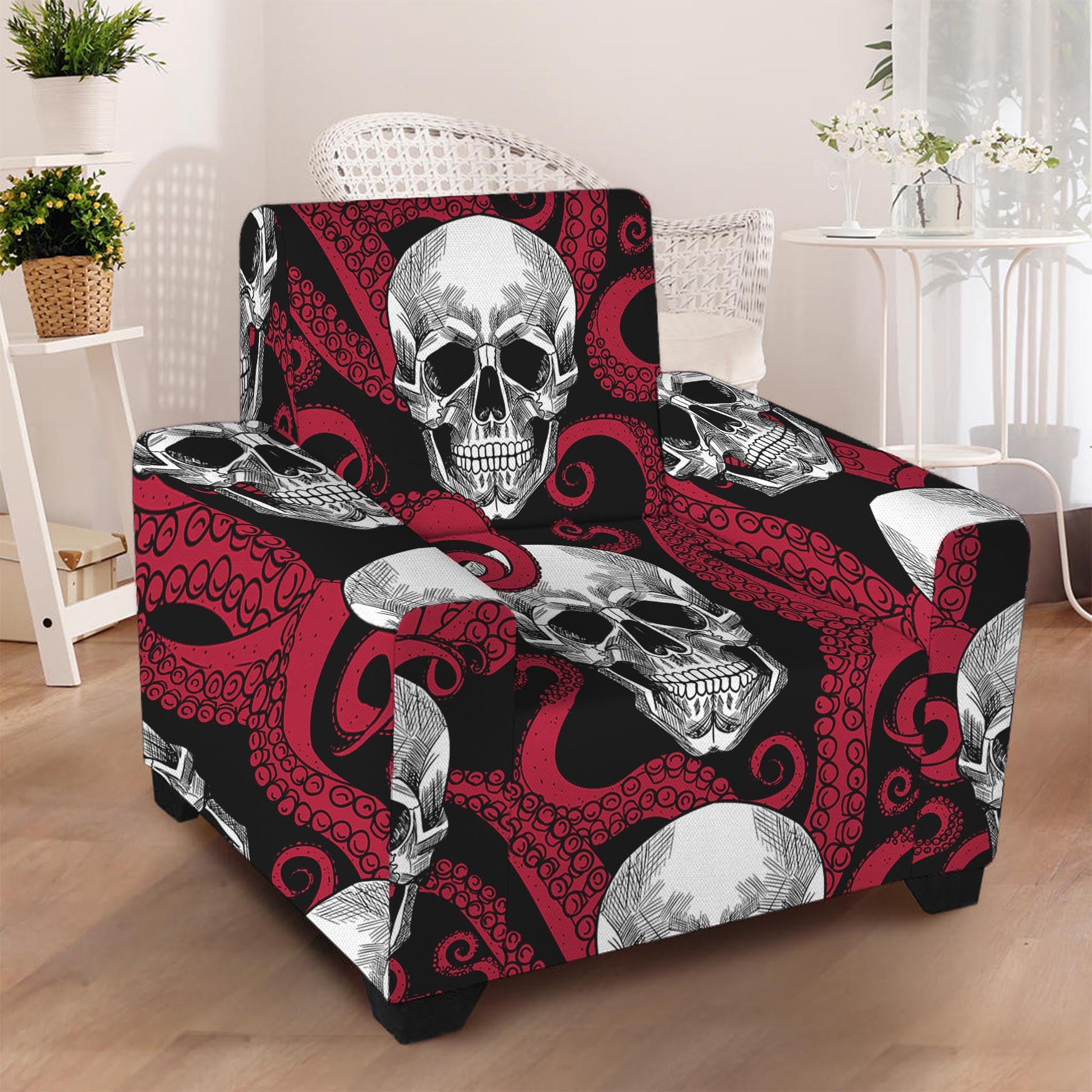 Red Octopus Skull Pattern Print Armchair Slipcover