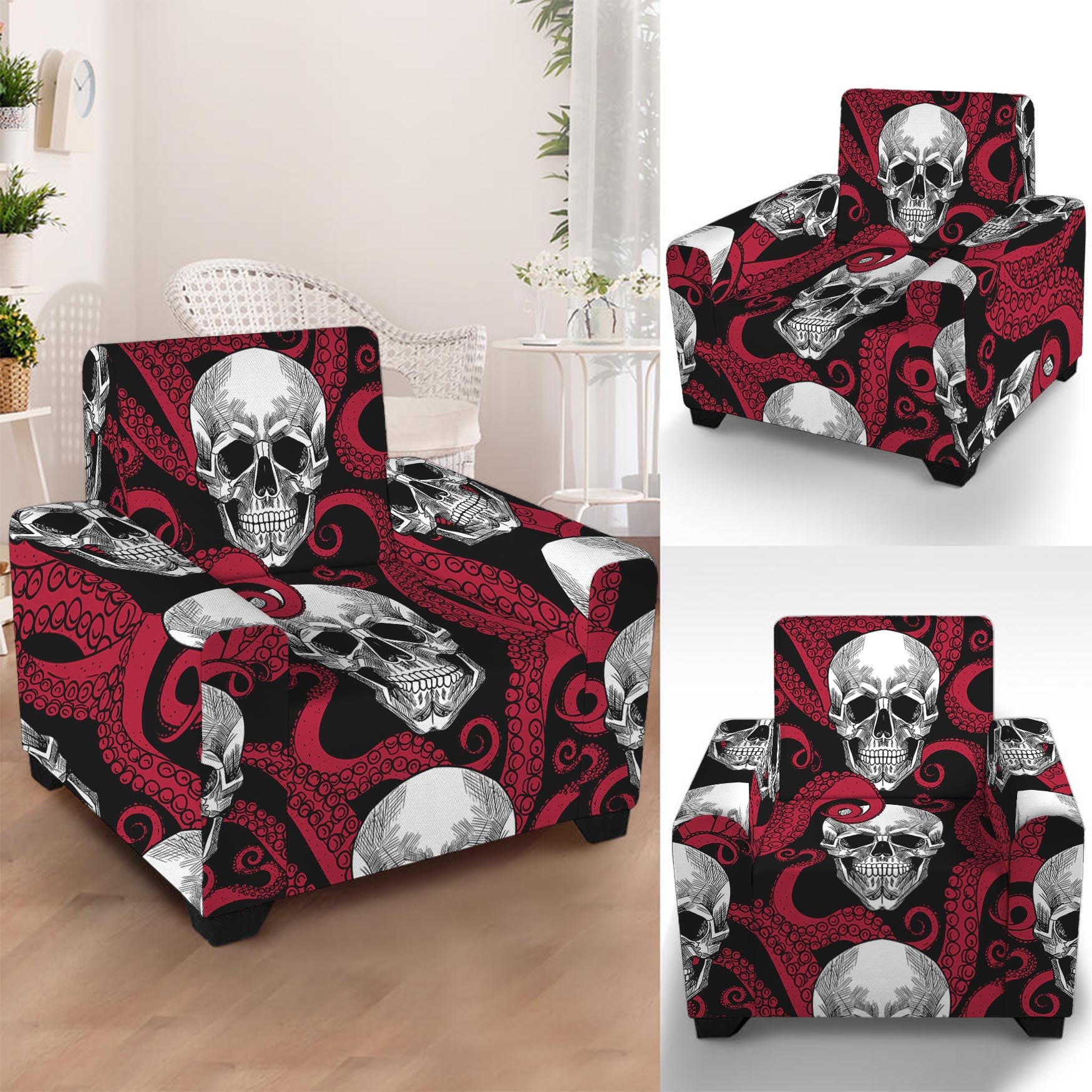 Red Octopus Skull Pattern Print Armchair Slipcover