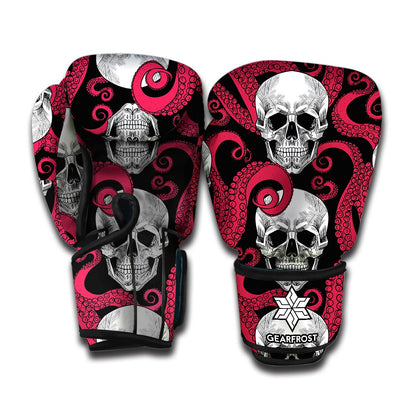 Red Octopus Skull Pattern Print Boxing Gloves