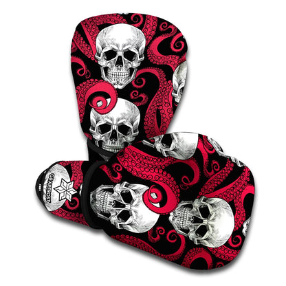 Red Octopus Skull Pattern Print Boxing Gloves