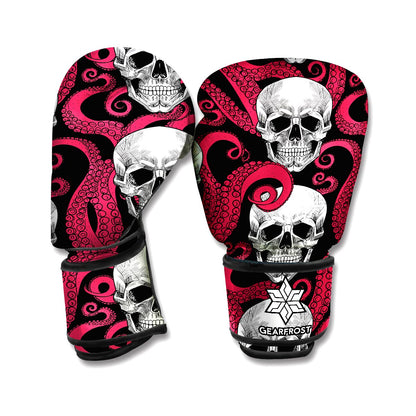 Red Octopus Skull Pattern Print Boxing Gloves