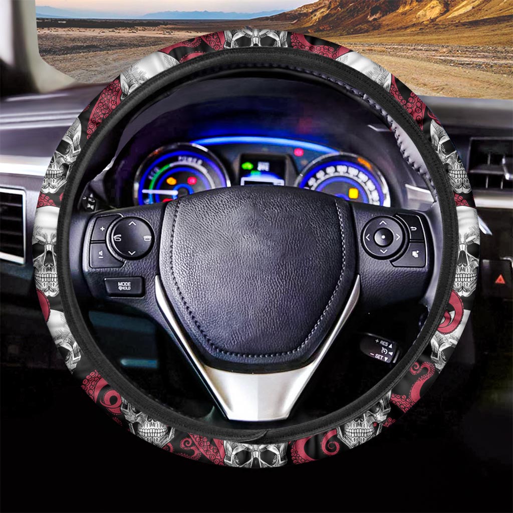 Red Octopus Skull Pattern Print Car Steering Wheel Cover