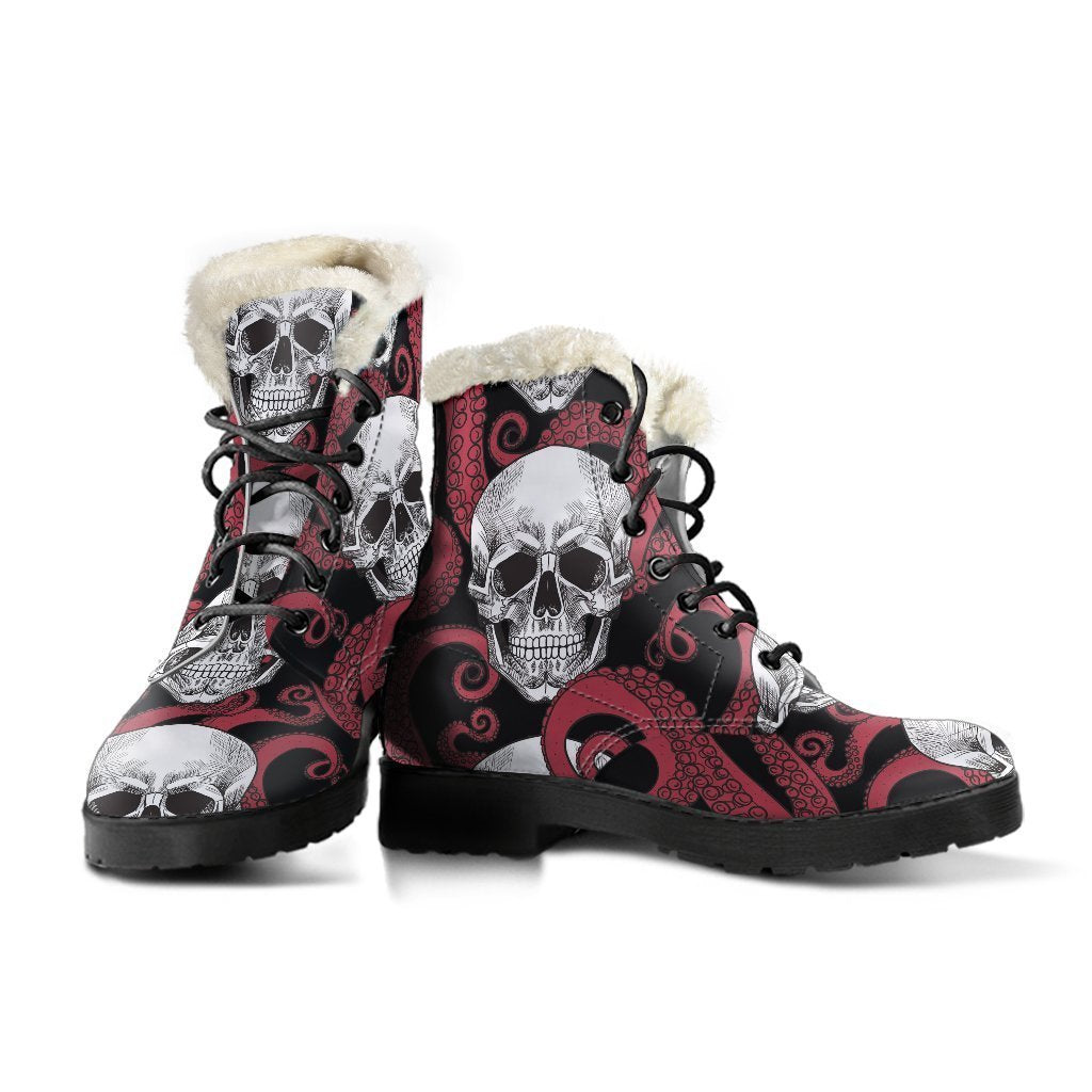 Red Octopus Skull Pattern Print Comfy Boots GearFrost