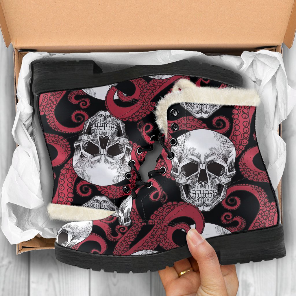 Red Octopus Skull Pattern Print Comfy Boots GearFrost