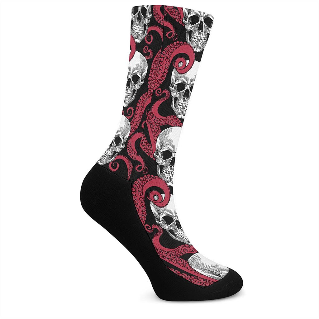 Red Octopus Skull Pattern Print Crew Socks