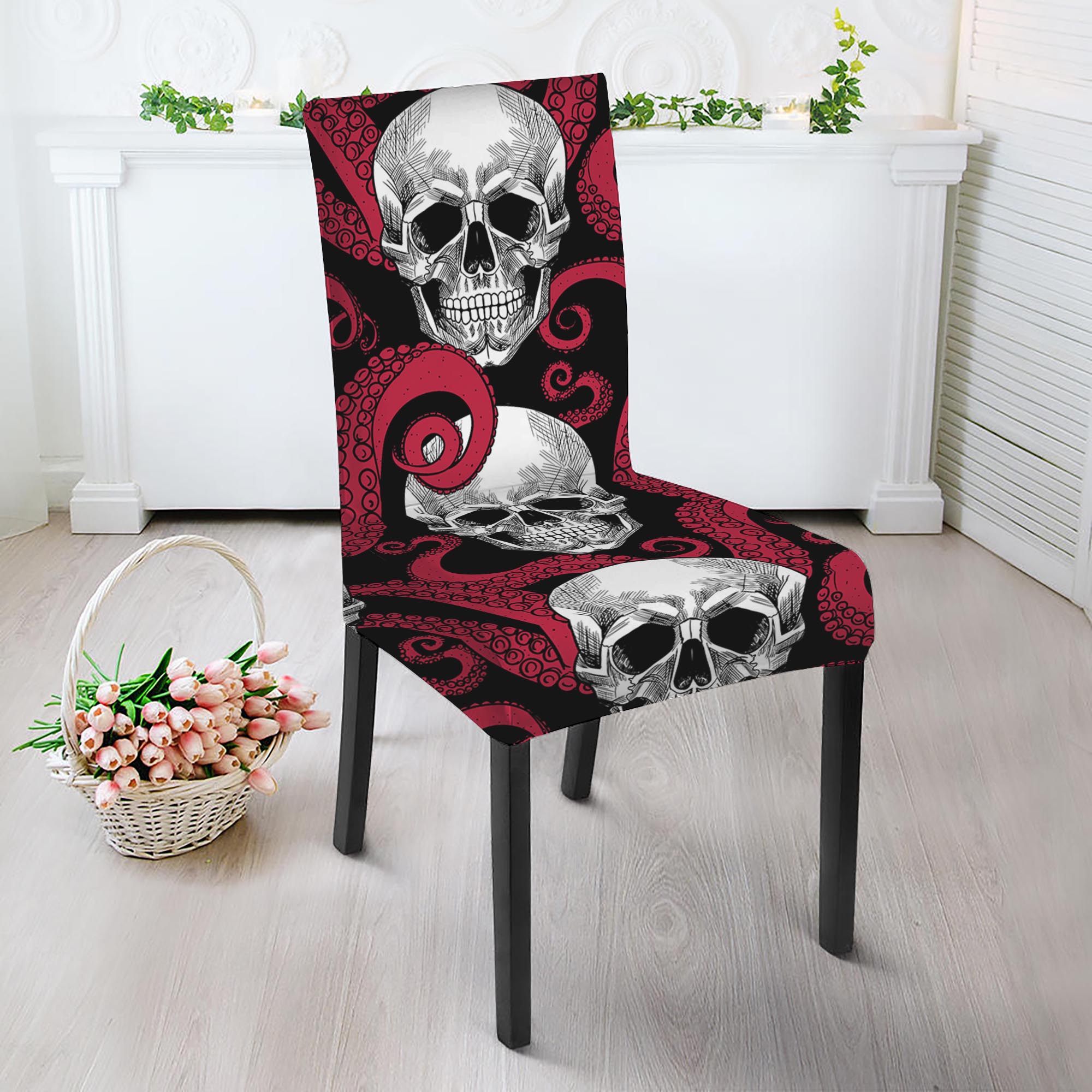 Red Octopus Skull Pattern Print Dining Chair Slipcover