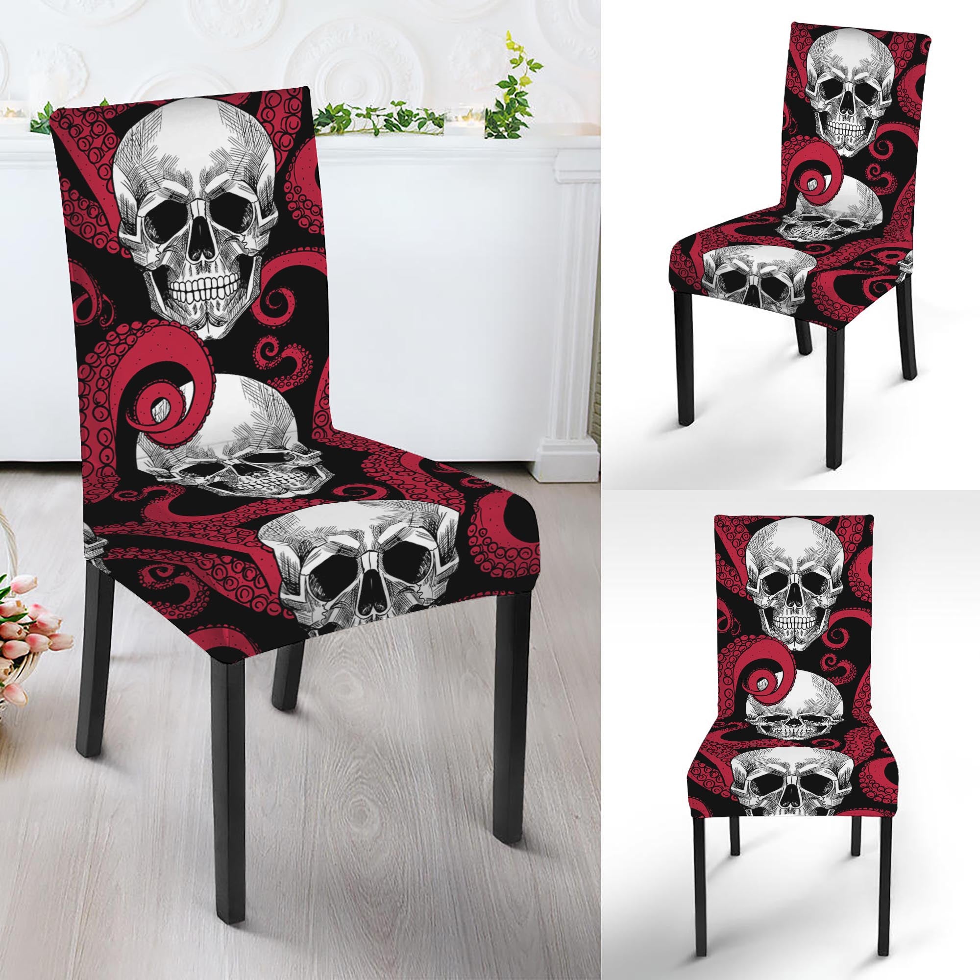 Red Octopus Skull Pattern Print Dining Chair Slipcover