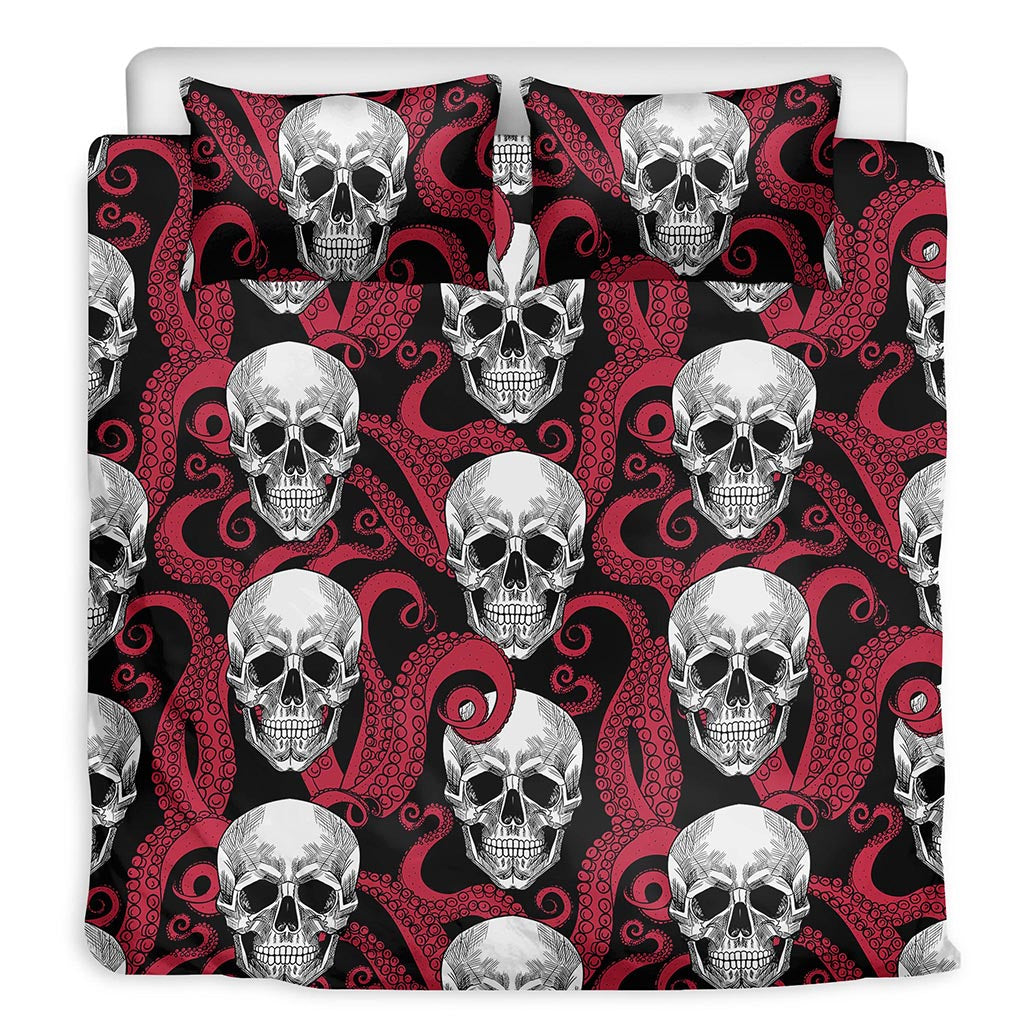 Red Octopus Skull Pattern Print Duvet Cover Bedding Set