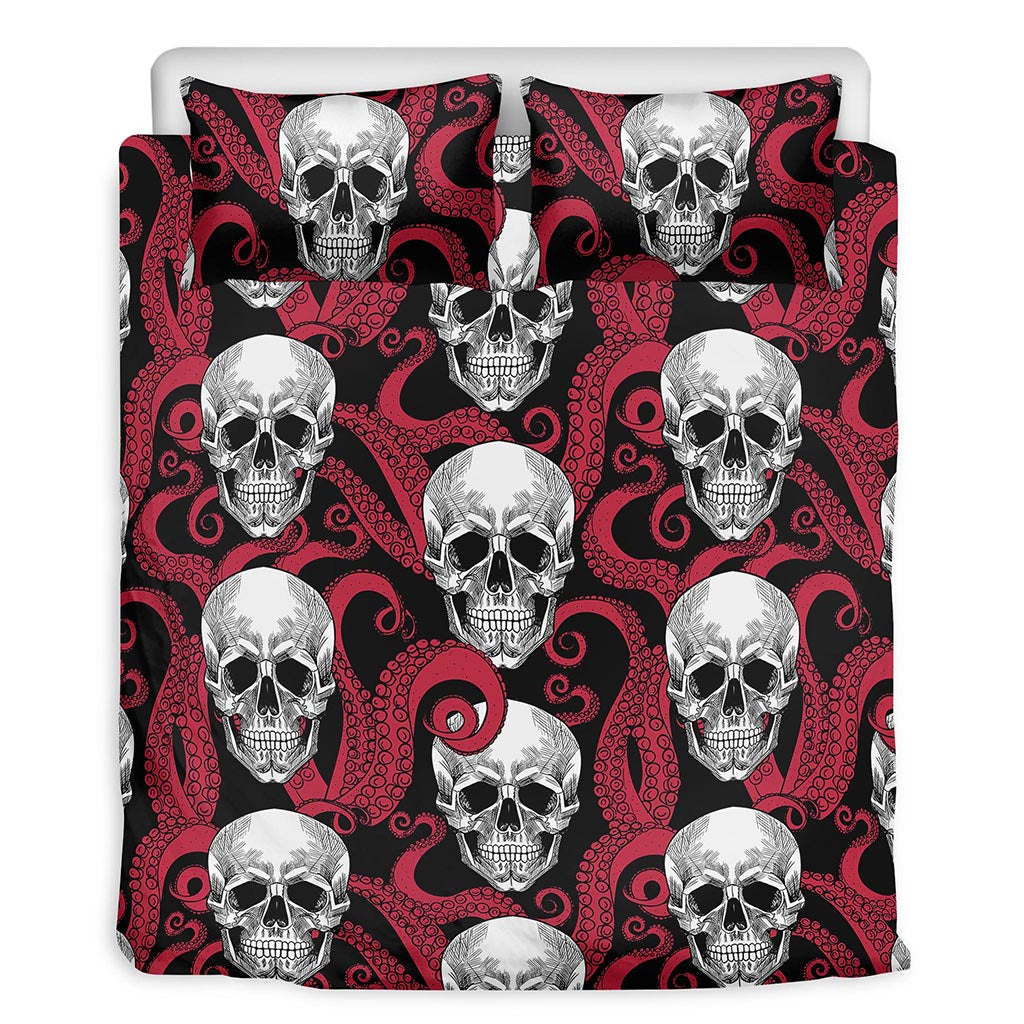 Red Octopus Skull Pattern Print Duvet Cover Bedding Set