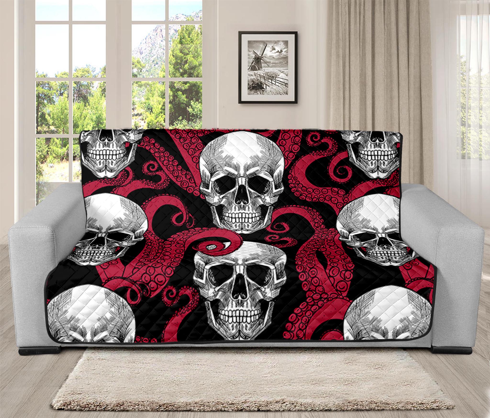 Red Octopus Skull Pattern Print Futon Protector