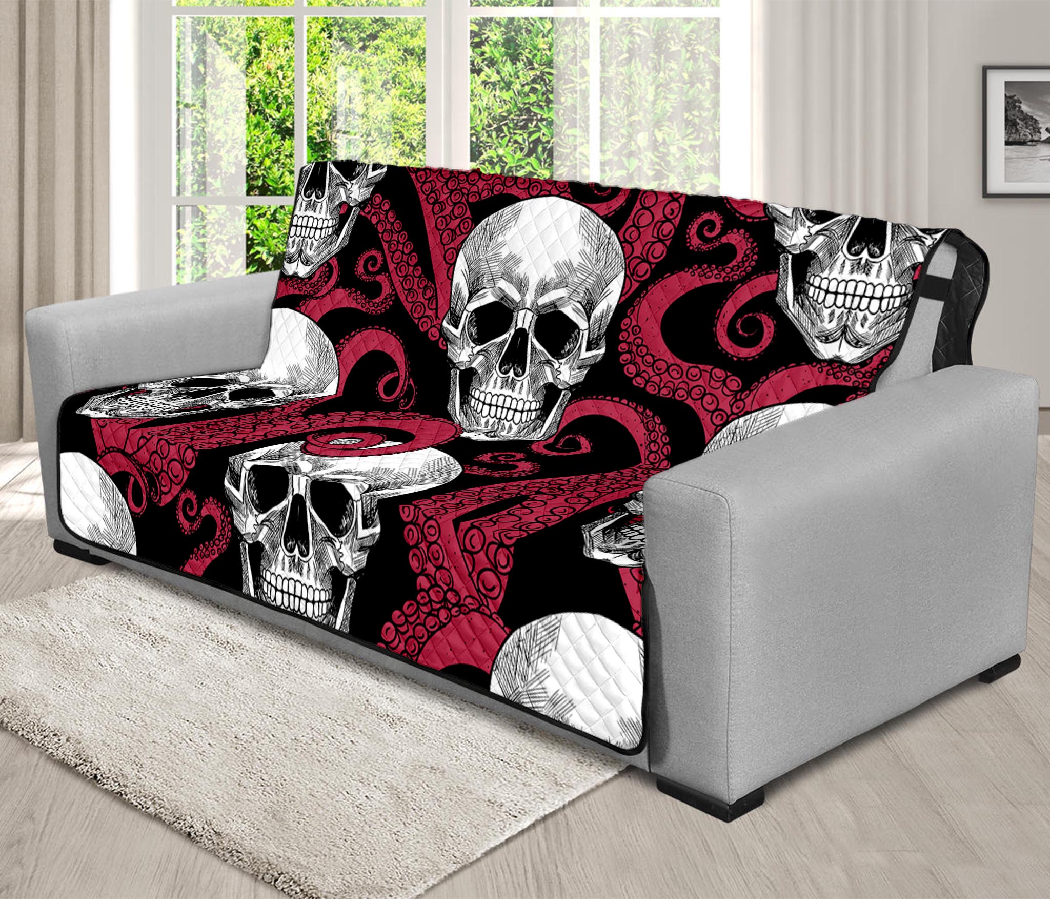 Red Octopus Skull Pattern Print Futon Protector