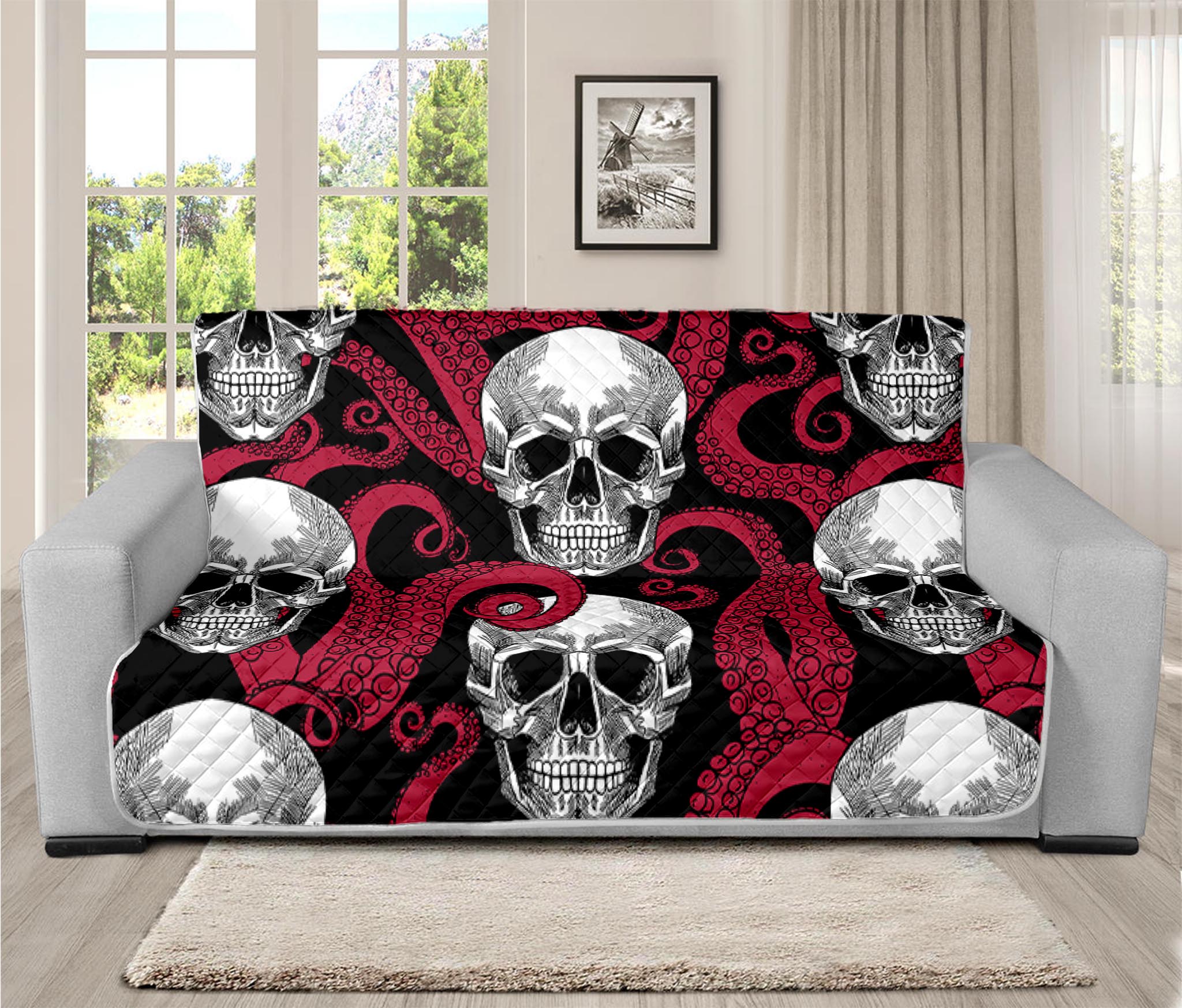 Red Octopus Skull Pattern Print Futon Protector