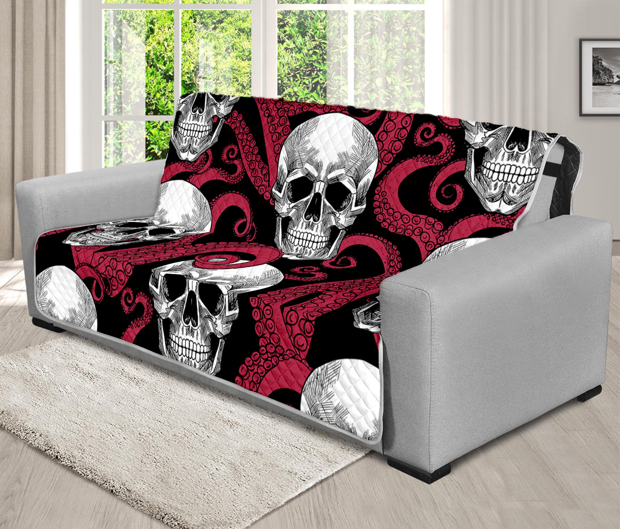 Red Octopus Skull Pattern Print Futon Protector