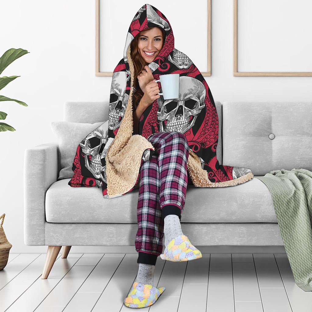 Red Octopus Skull Pattern Print Hooded Blanket