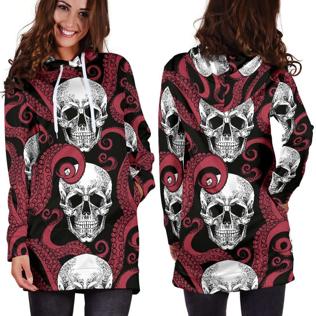 Red Octopus Skull Pattern Print Hoodie Dress GearFrost