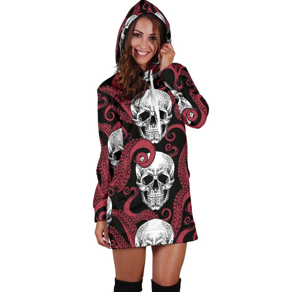 Red Octopus Skull Pattern Print Hoodie Dress GearFrost