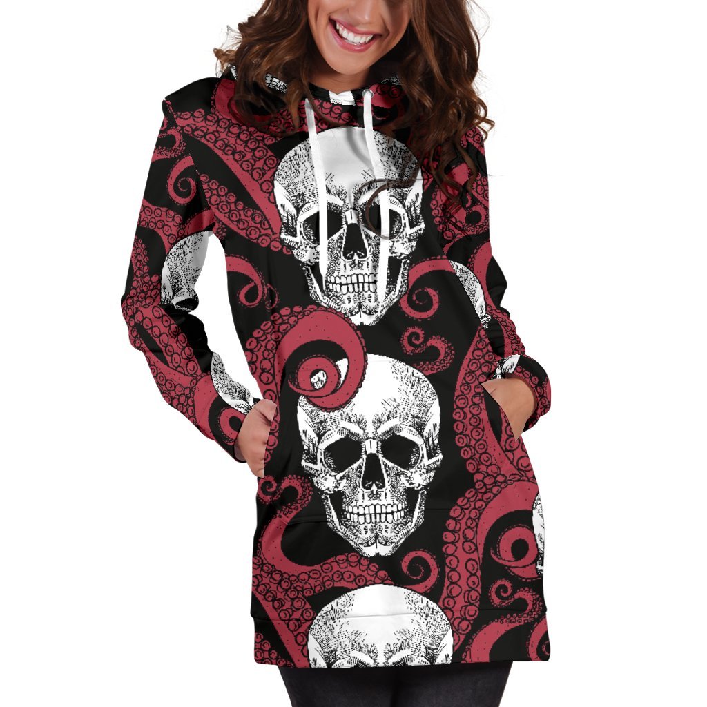 Red Octopus Skull Pattern Print Hoodie Dress GearFrost