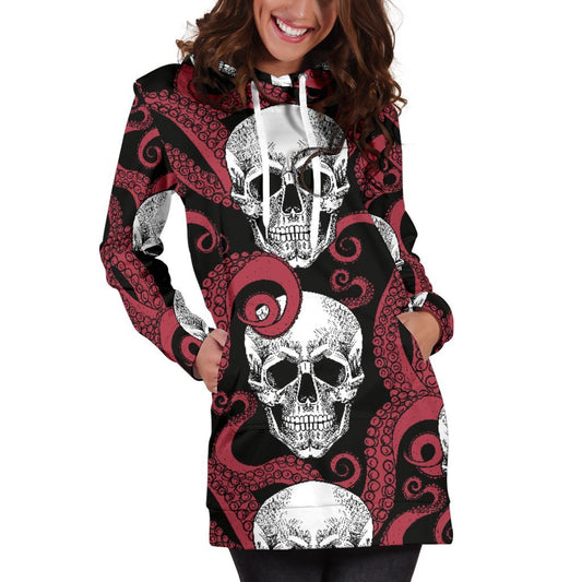 Red Octopus Skull Pattern Print Hoodie Dress GearFrost