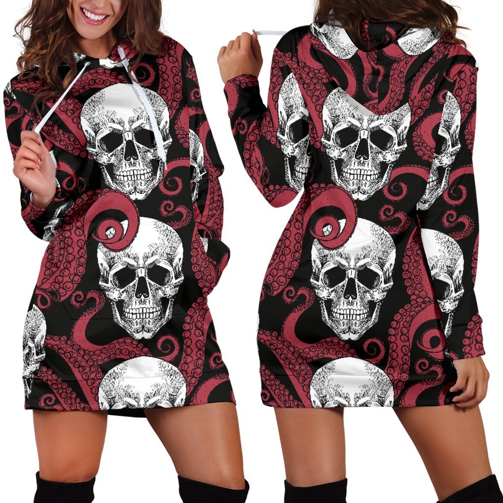 Red Octopus Skull Pattern Print Hoodie Dress GearFrost
