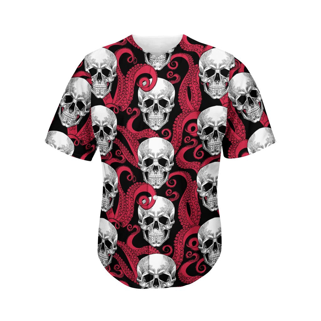 Red Octopus Skull Pattern Print Men's Baseball Jersey