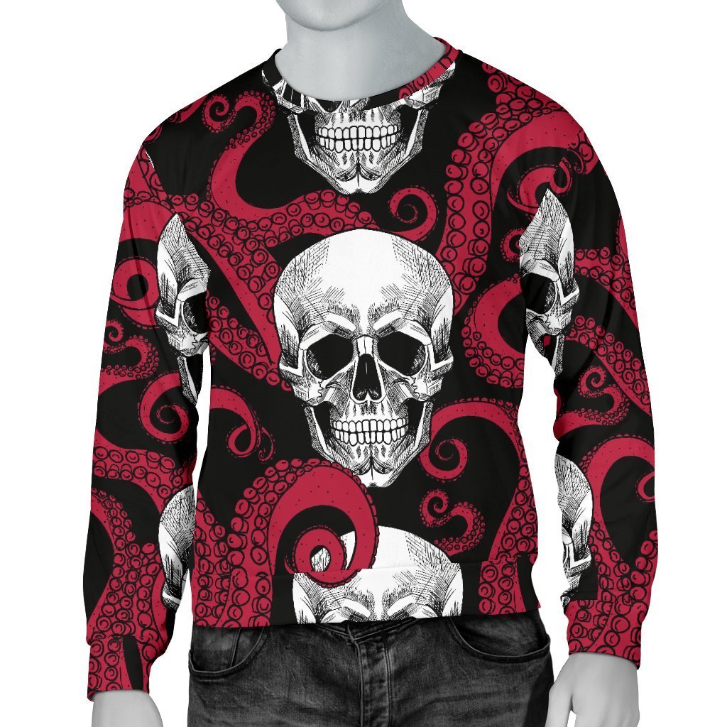 Red Octopus Skull Pattern Print Men's Crewneck Sweatshirt GearFrost