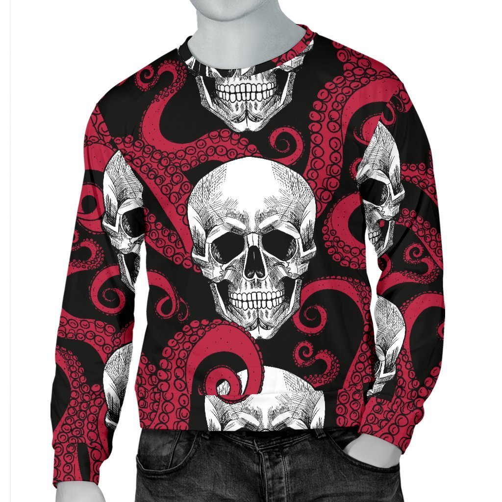 Red Octopus Skull Pattern Print Men's Crewneck Sweatshirt GearFrost